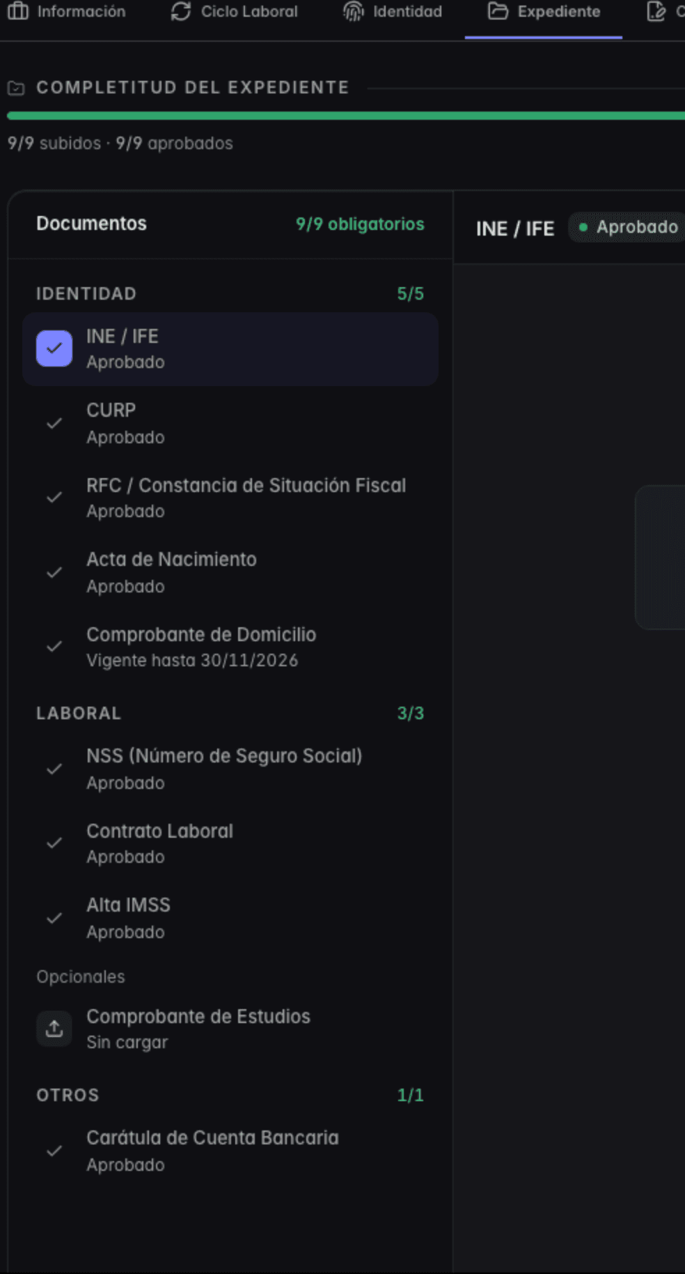 Expediente de un colaborador: nueve de nueve documentos obligatorios, agrupados en identidad, laboral y otros, con uno opcional sin cargar